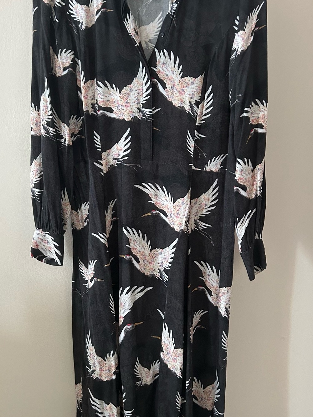 Black Maxi Shirt Dress with White Crane Print (H&M size 8)